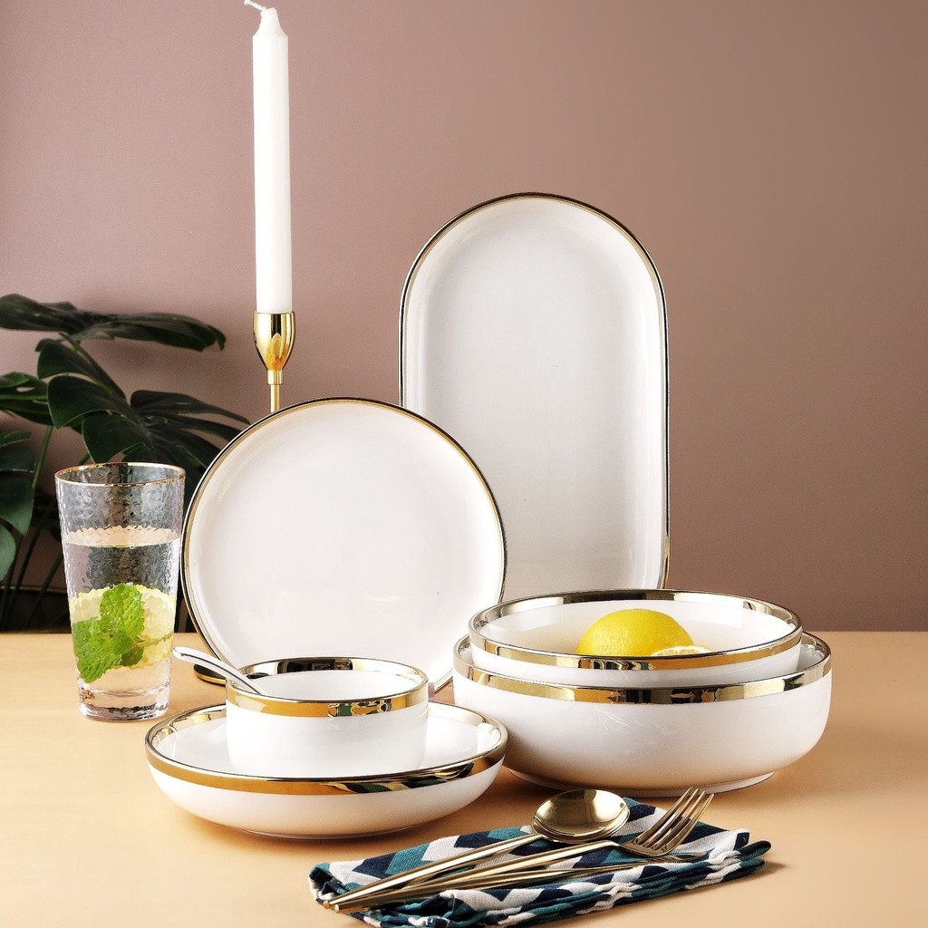 RoyalHuis Piring Makan Keramik Putih Gold / Piring Putih Keramik List Gold / Mangkuk Keramik Putih G