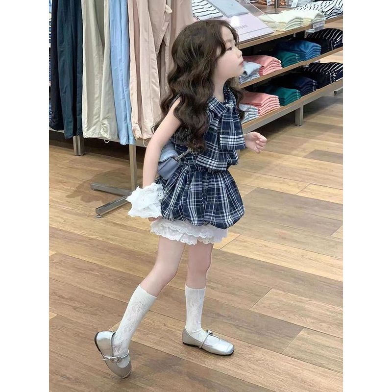 [COD]Desain gadis-gadis splicing kotak-kotak boneka kemeja gadis-gadis renda renda kemeja