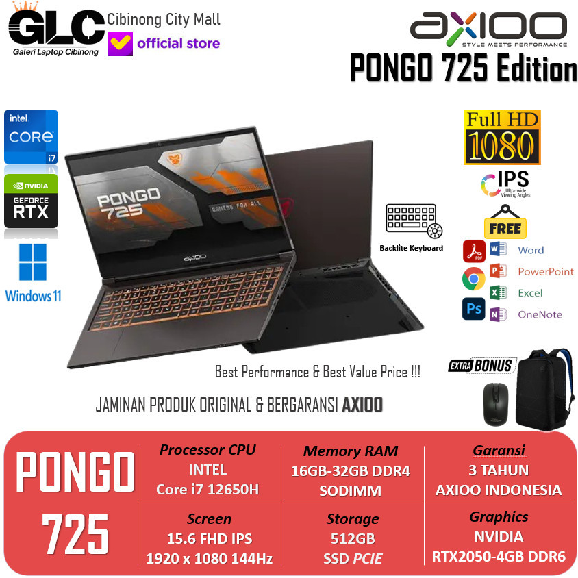 laptop gaming Axioo Pongo 725 Intel i7 1265H 16GB 1TB RTX2050-4GB 15 FHD IPS 144HZ BL WIN11 BLACK EX
