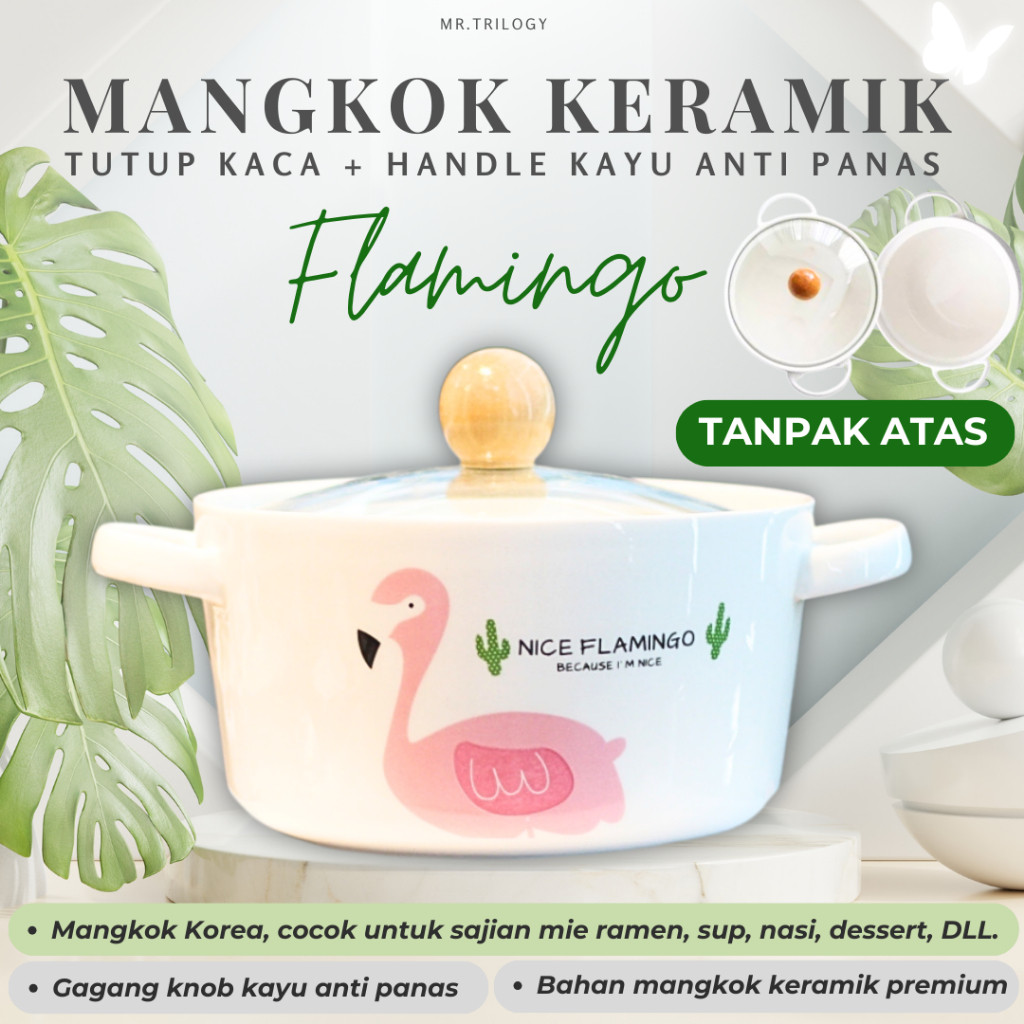 TERLARIS Mangkok Korea Aesthetic Mangkok Keramik Tutup Kaca Flamingo Handle Tahan Panas 800ML Kado L