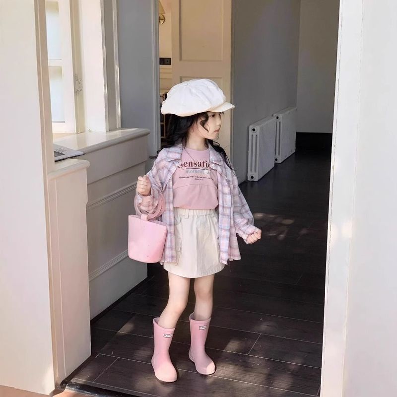 [COD]Kemeja kotak-kotak gadis kasual rompi, rompi pendek, set tiga potong.