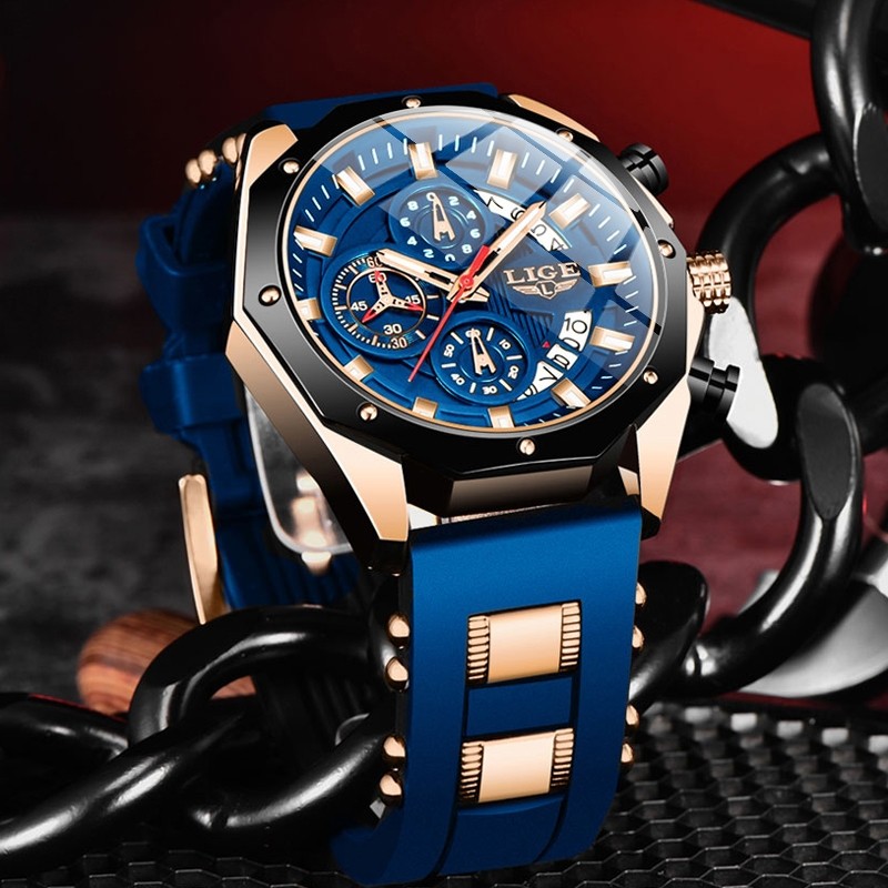LIGE Original Jam Tangan Pria Fashion Kronograf Aktif Multi Fungsi Anti Air Jam Tangan + Kotak