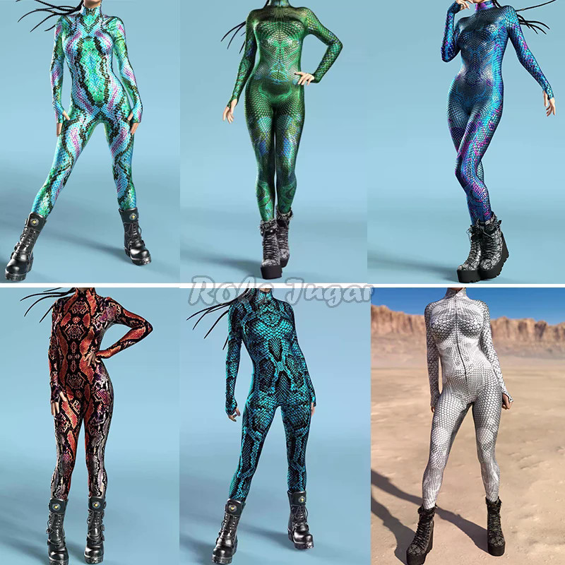 Jumpsuit Zentai Cetak Kulit Ular Seksi Halloween Kostum Cosplay
