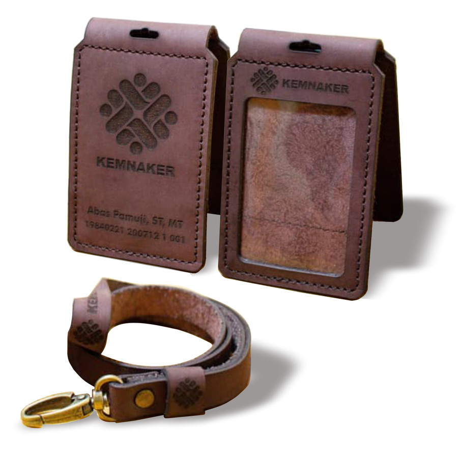Gantungan ID Card Kulit Sapi Asli - Gratis Cetak Logo Nama Lanyard  Holder Tali Magnet 3 slot Kartu