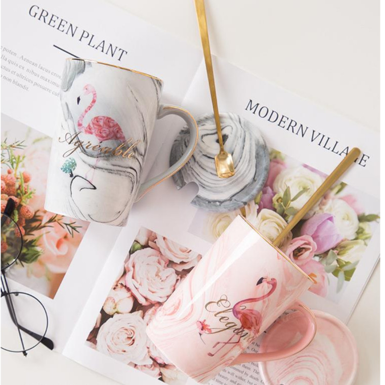 GELAS KERAMIK MARBLE COUPLE FLAMINGO LENGKAP DENGAN TUTUP DAN SENDOK/ GELAS COUPLE MARBLE UNTUK GIFT