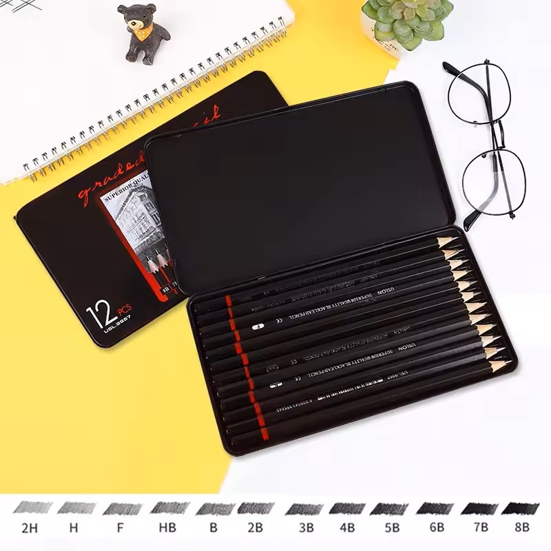 12pcs/Set Pensil Gambar Sketsa Charcoal Pensil Set 2H-8B Pensil Gambar