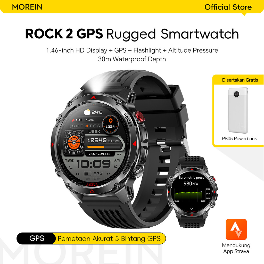 Morein Rock 2 GPS Smartwatch - Layar HD 1.46'' | Senter + Kompas | Tahan Air 3ATM | Altimeter + Baro