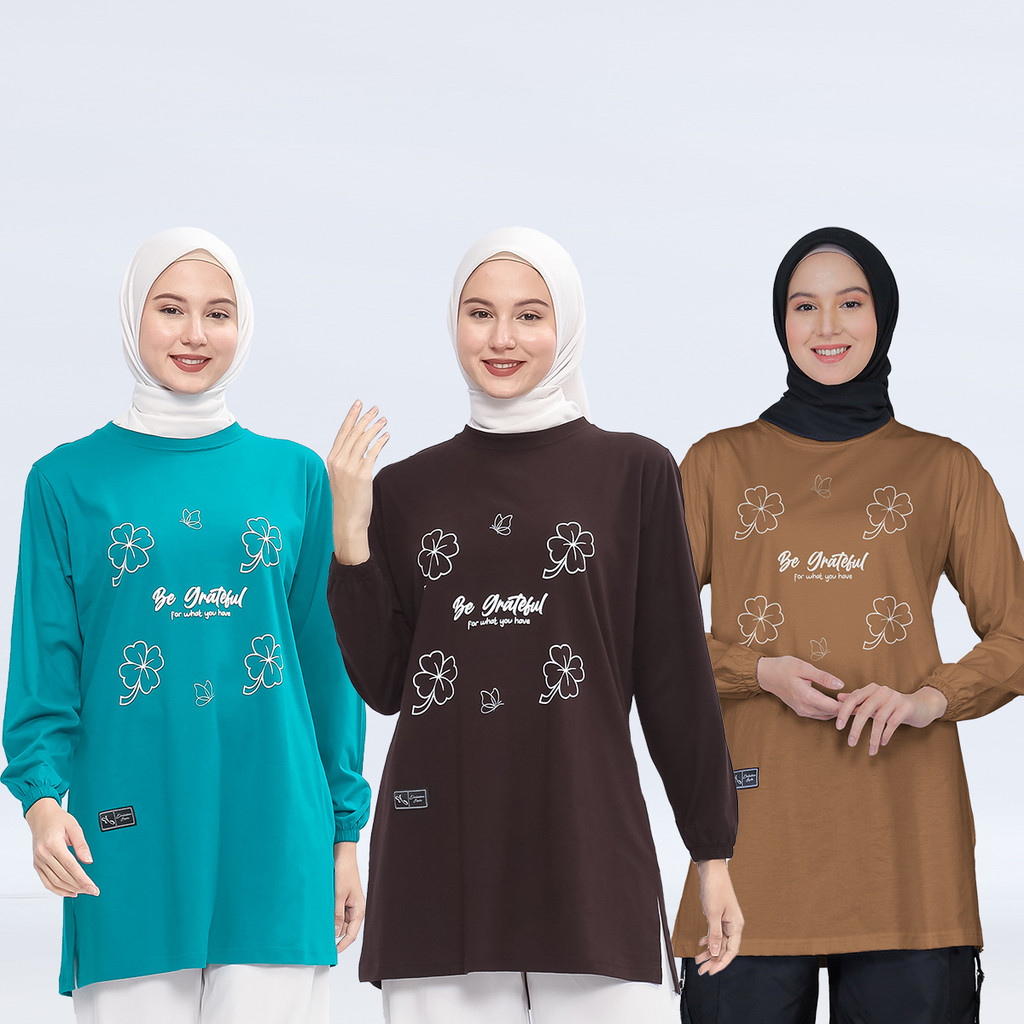 Atasan Kaos Tunik Wanita Muslimah Kasual Motif Bunga Terbaru Katun Combed 20s Original Anti Nerawang