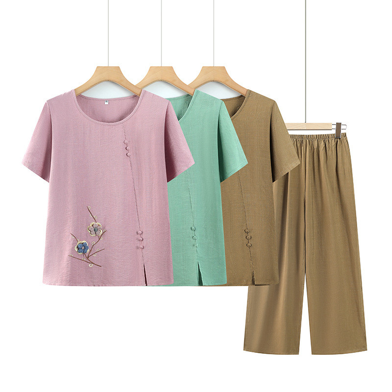 Setelan Wanita Lansia Musim Panas Baju Atas Katun Bordir Lengan Pendek Longgar Dua Potong