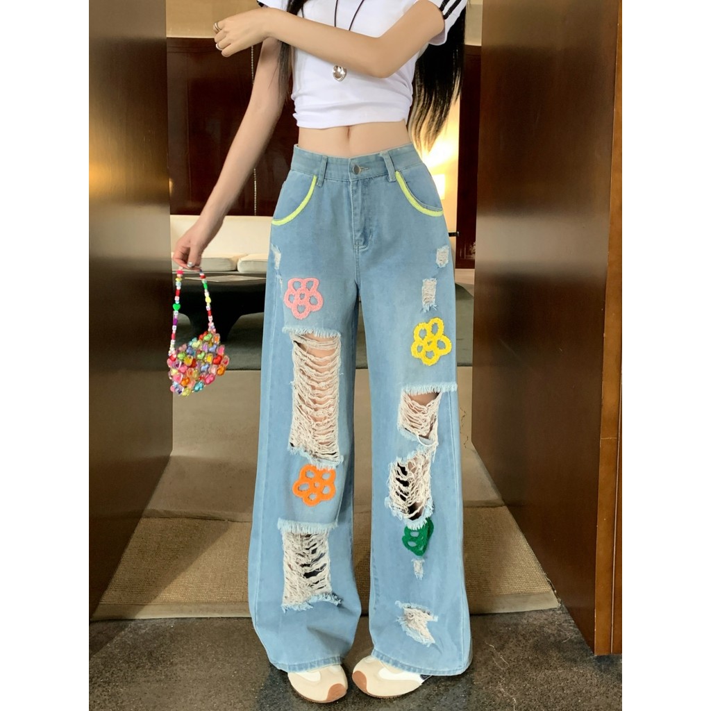 Celana Jeans Wanita Retro Pinggang Tinggi Sobek Bordir Bunga, Celana Panjang Longgar Lurus Lebar