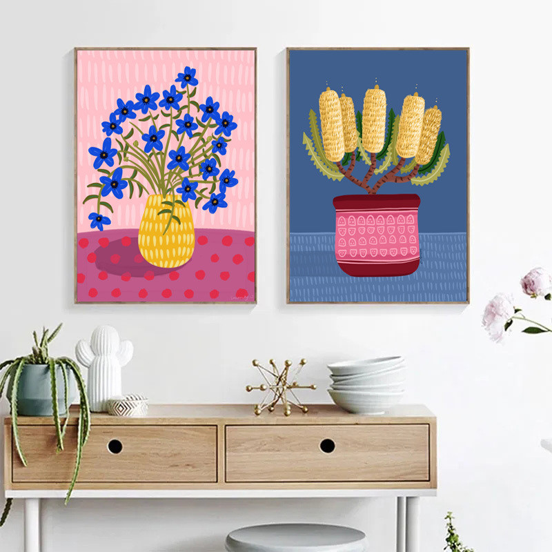 Abstract Flowers In Vase Grevillea Red Banksia Still Life Illustration Poster Canvas Painting Wall P