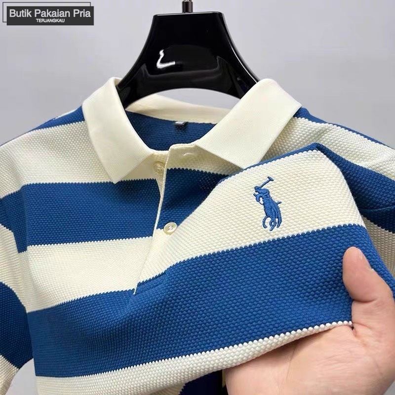 SYAZIAS Polo Shirt Pria kaos kerah v neck pria Striped baju Kemeja Pria Lengan Pendek kaos berkerah 