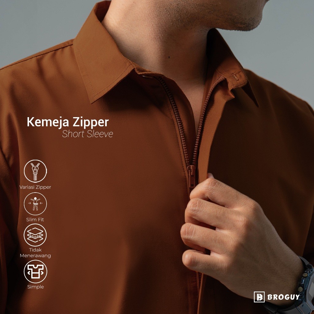 SYAZIAS BROGUY Kemeja Zipper Pria Simple Lengan Pendek
