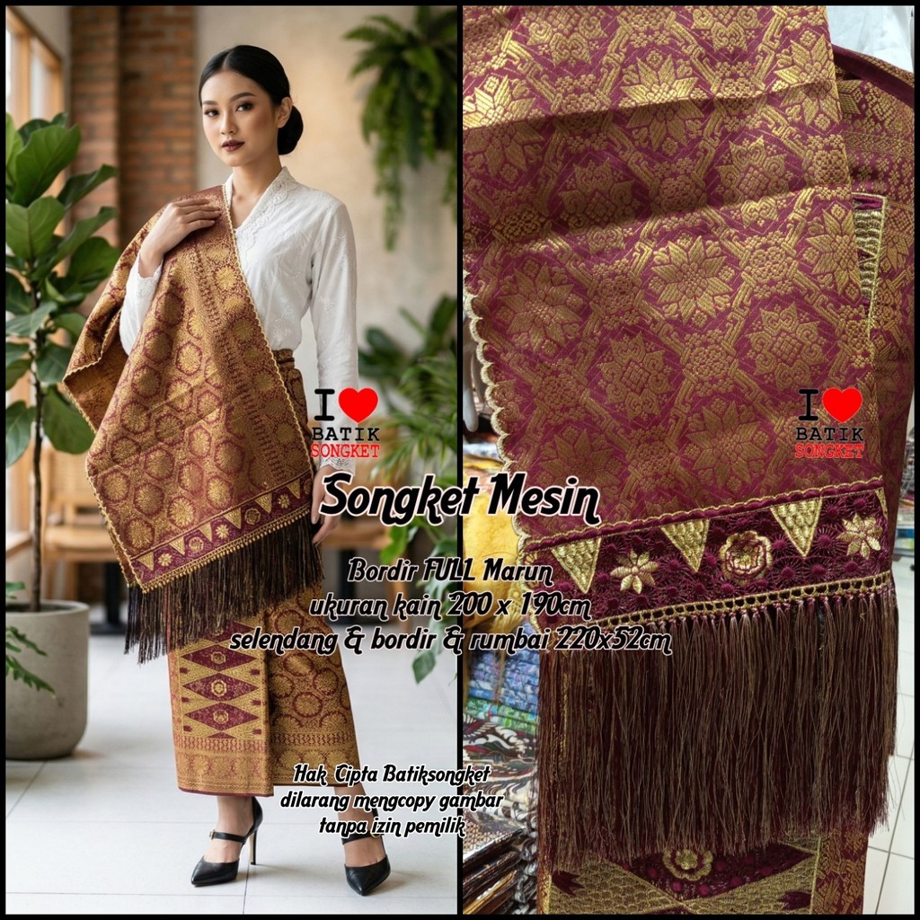 SONGKET MESIN MOTIF 3 BORDIR MARUN HALUS LEPUS PALEMBANG MURAH SETELAN KAIN SELENDANG KERANCANG SERA