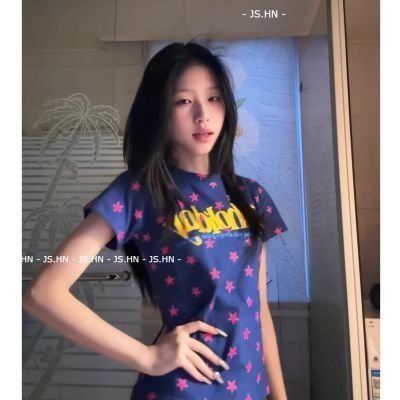 JS.HN-92% Katun Super Praise Style Letter Star All-over Print Short-Lengan Kaos Wanita Slim Fit Meno