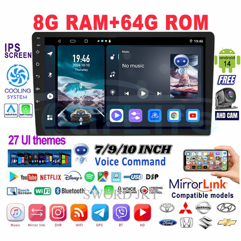 Head Unit Android 14 Universal Double Din Layar 7 10 Inch IPS 8GB 128GB Support Carplay Android Auto