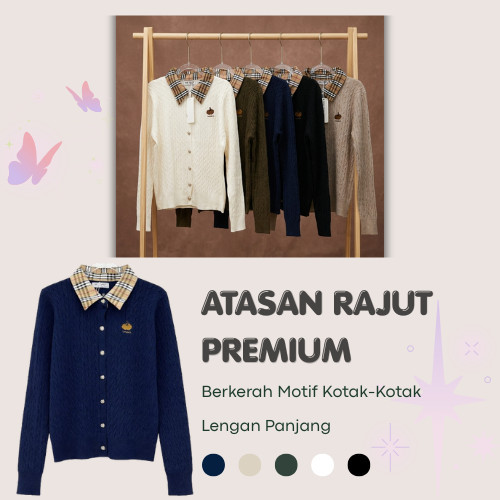 Atasan Rajut Wanita Lengan Panjang Kerah Motif Kotak-Kotak / Cardigan Rajut Premium / Korean Style