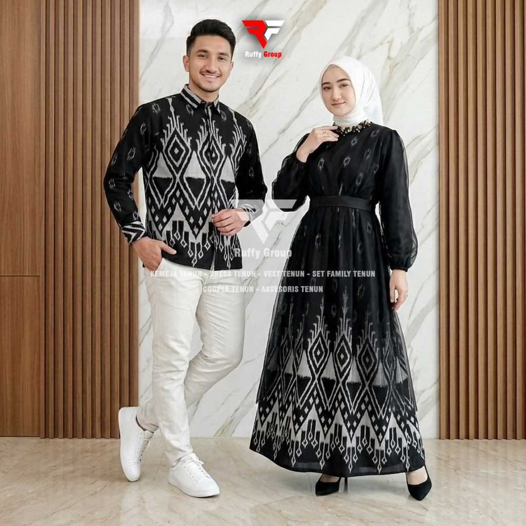 AVTA TENUN - Gamis Mariposa Series Owl Hitam Baju Tenun Couple Pasangan Kondangan Wisuda Prewedding 