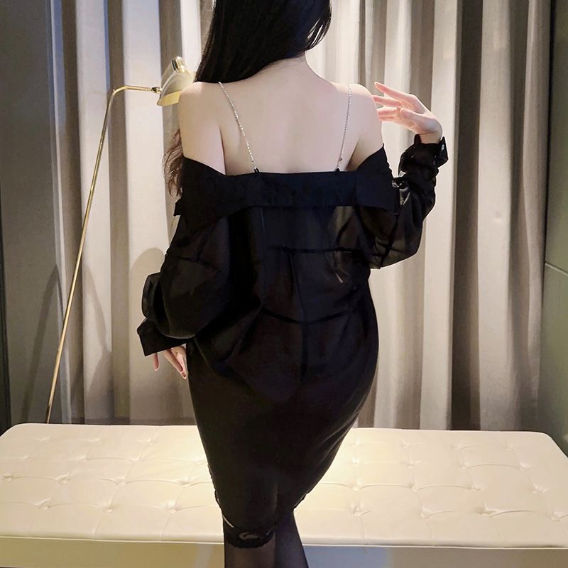 [Yunrouju]Pakaian dalam seksi wanita, baju tidur kemeja putih sifon, baju tidur tembus pandang.