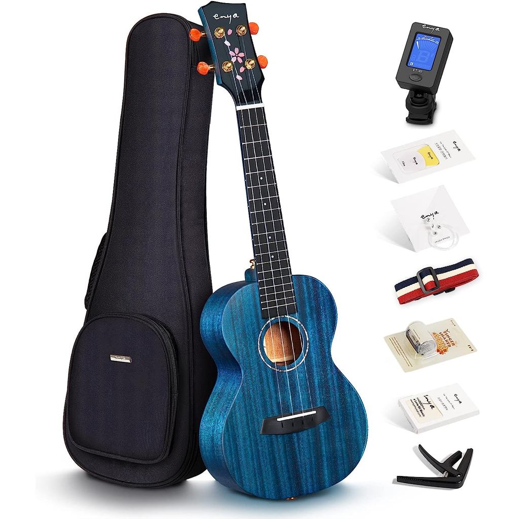Enya Concert Ukulele 23" MS All Solid Mahogany with Cherry Blossom Pattern Bundle Case Tuner Strap S