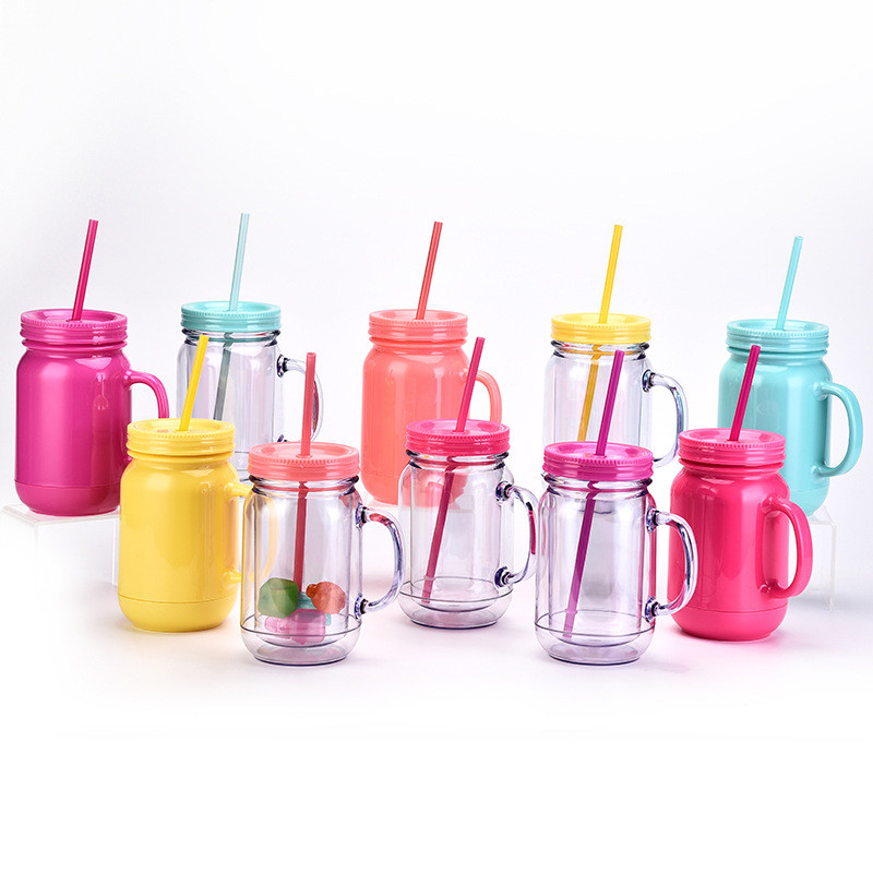 predrilled double wall 600ml 20oz plastic mason mug mason jar with handle and straw sealing plug