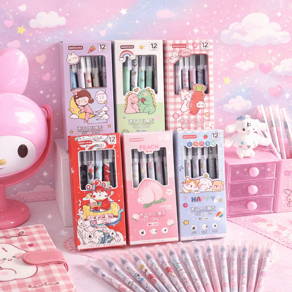 PULPEN GEL CAIR 0,5MM 1 SET ISI 6 PCS  DAN ISI 12PCS MOTIF KARTUN KAWAII / PULPEN GEL SET 6 PCS