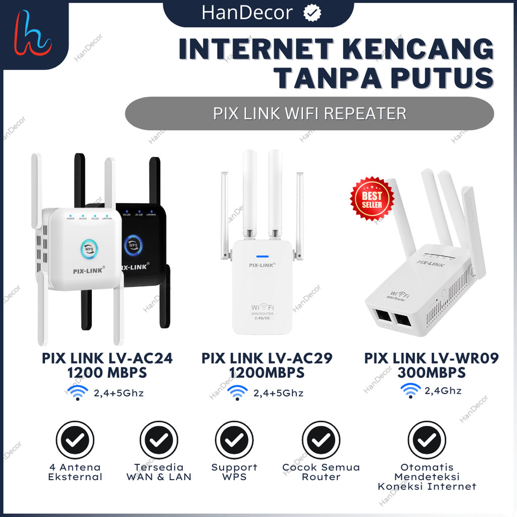 PIX-LINK AC29 - AC24 - WR09 Wifi 300 - 1200MBPS Penguat Sinyal Extender 4 Antena Eksternal