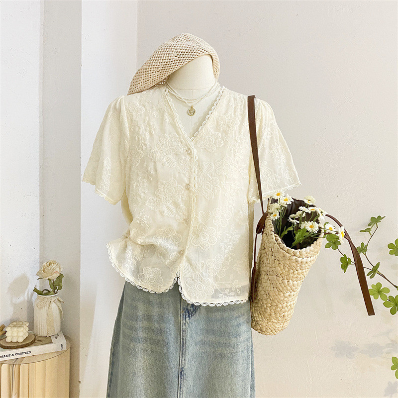 [COD]Kemeja lengan pendek berkerah V renda gaya Prancis untuk wanita