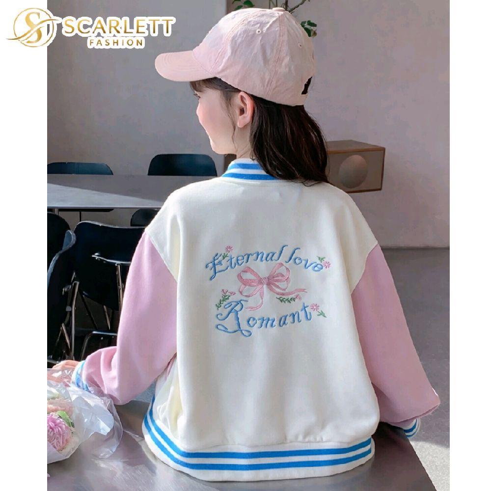 Scarlett Fashion Jaket Varsity Baseball Anak Perempuan Usia 1-18 Tahun Motif Romance Studio Kombinas