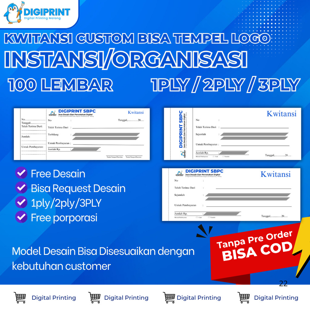 [TANPA PO] Free Desain | Kwitansi Pembayaran 100 Lembar Custom | Cetak Nota Kwitansi Murah Digiprint