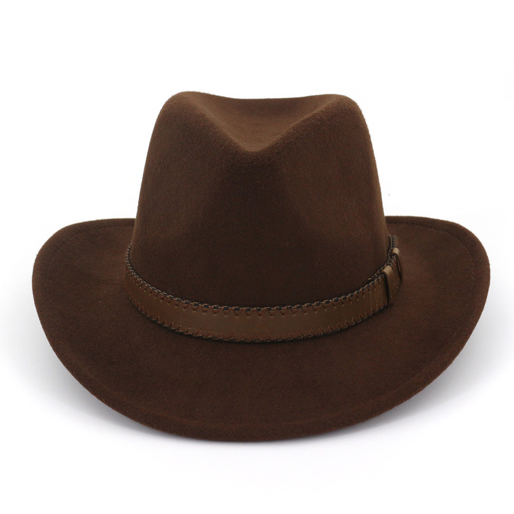 QBHAT Wide Brim Wool Felt Cowboy Fedora Hats with Dark Brown Leather Band Women Men Classic Party Fo