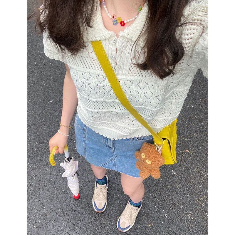 JelitaCeria aprikot polo leher pendek lengan pendek rajutan sweater wanita musim panas kaos 2025 kem