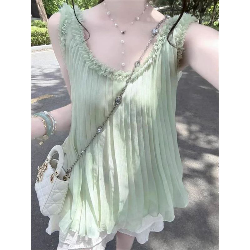 Blus Chiffon Tanpa Lengan Hijau Mint Gaya Dopamin untuk Wanita Kecil Gaya Keinginan Murni Atasan Cam