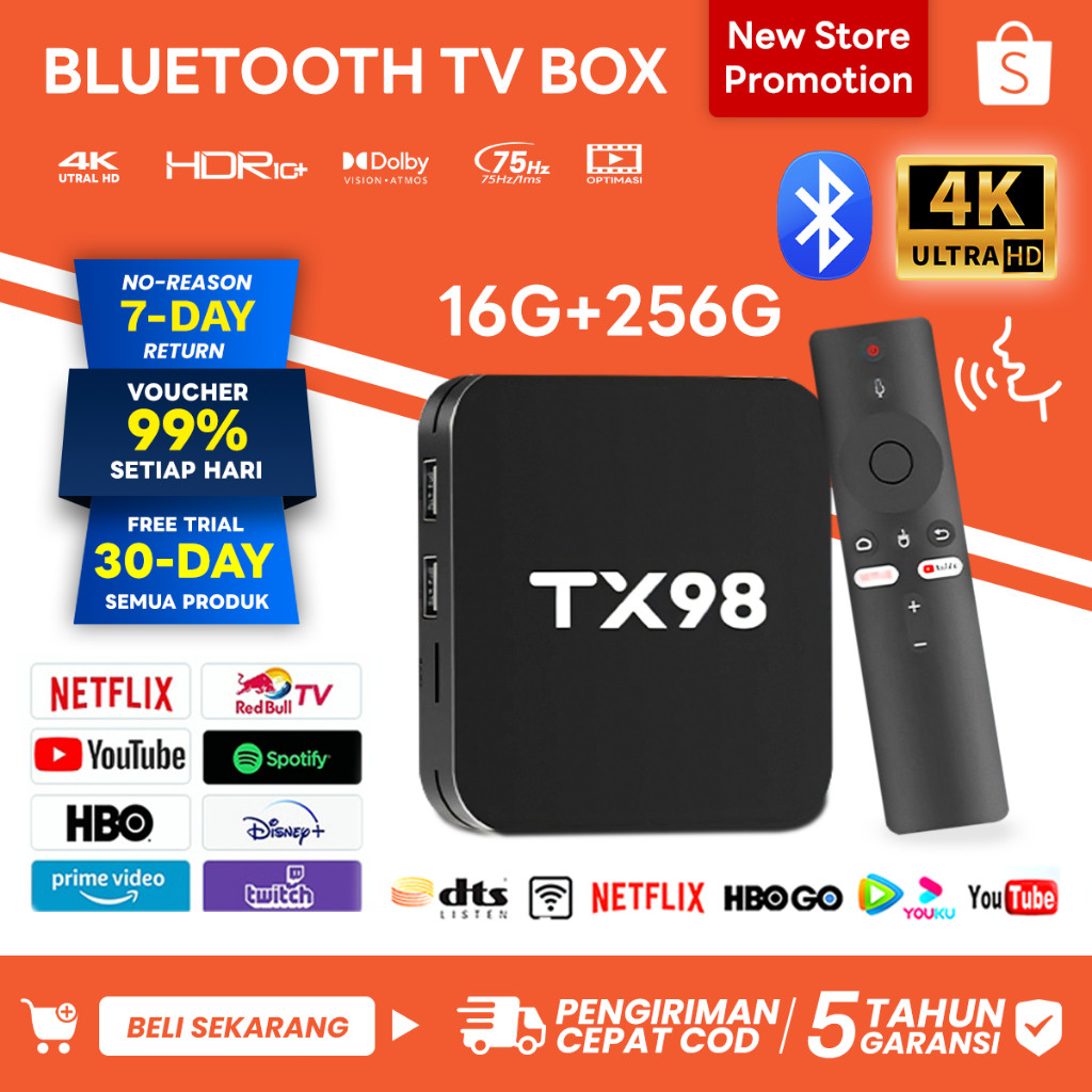 Bluetooth TV Box Android TX98 16g+256GB Full Channel Wifi Voice Control Netflix/Youtube 5-year warra