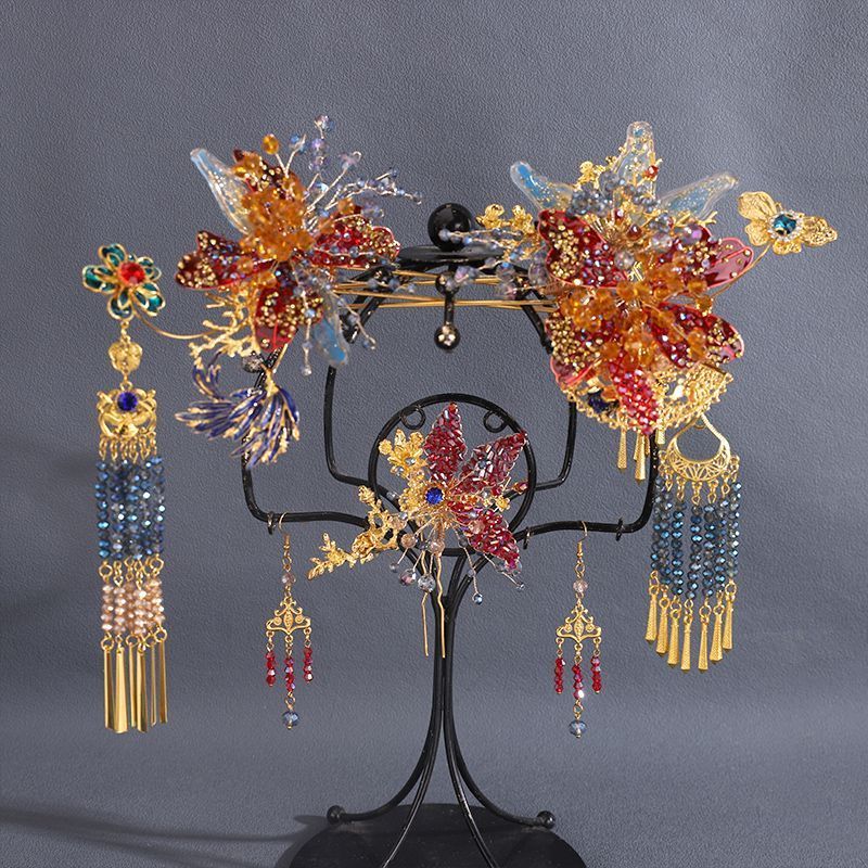 Set aksesori rambut Hanfu tutup kepala baru Xiuhe merah pengantin