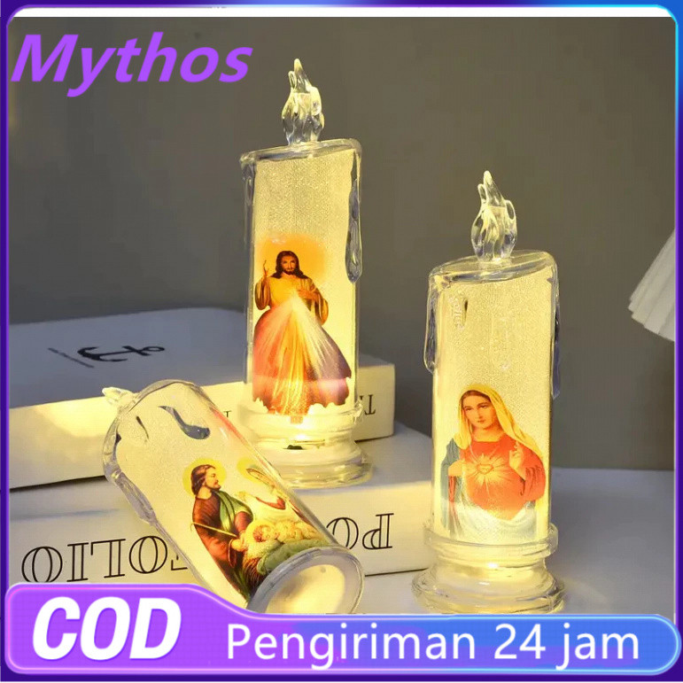 Lampu LED elektrik bentuk lilin Motif Tuhan Yesus Bunda Maria-Lilin Lampu LED Smokeless Gambar Rohan