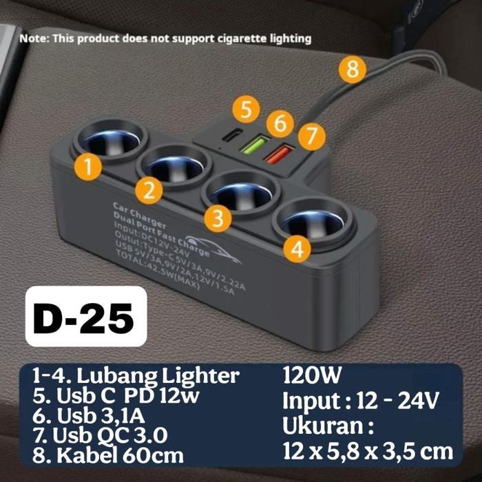 Car Socket Lighter USB Fast Charger Extension Socket Lighter Mobil 120W - D-25