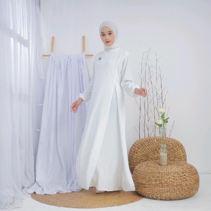 Syahara Dress Abaya swaroski Bahan Sabrina Anti UV Premium muslim wanita Daily - Putih, JUMBO LD120