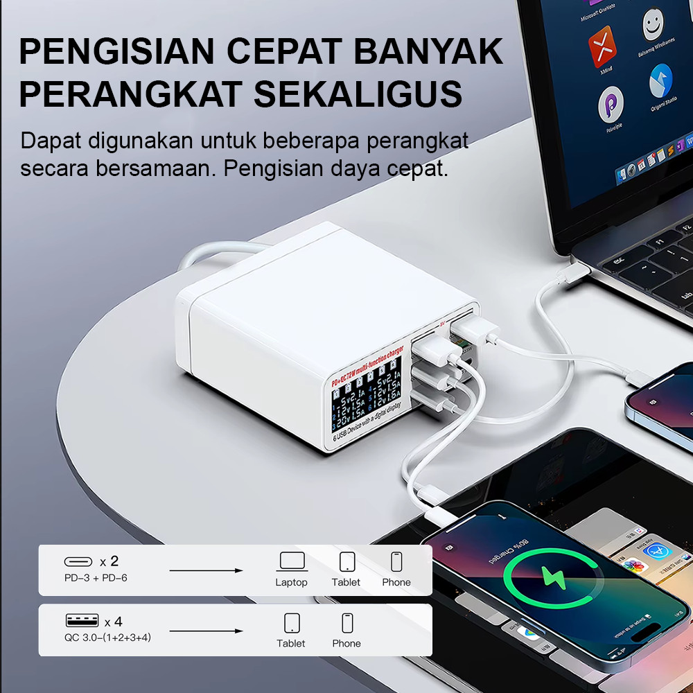 Smart Charger Wlx-896 896P 899 Charger 6 Port Fast Charging Qc 3.0 40W Lcd Display Untuk Hp Tablet