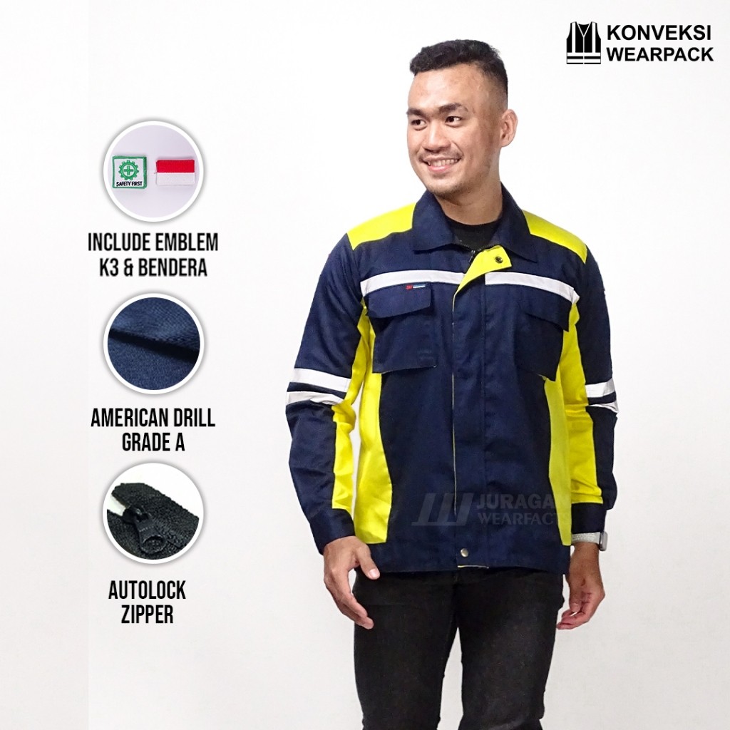 Wearpack Kerja Warna Kuning Kombinasi Biru Navy