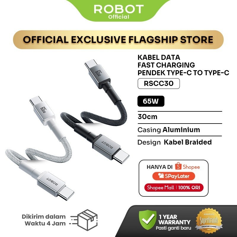 ROBOT Kabel Data Type C to Type C 65W PD Fast Charging 30cm Kabel Charger Laptop MacBook Samsung Xia