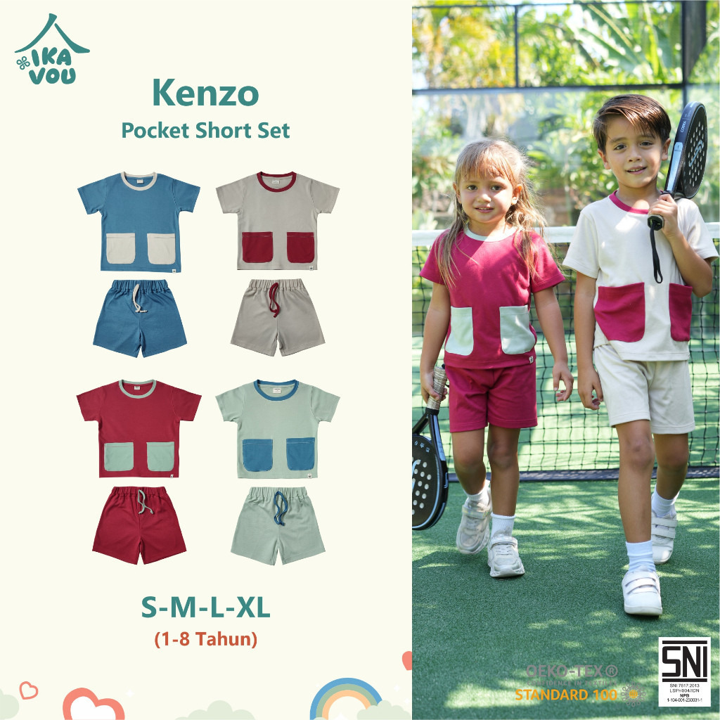 IKAVOU Kenzo Pocket Set - Setelan Baju Anak Unisex Lucu & Modis | Jas Anak Laki Perempuan