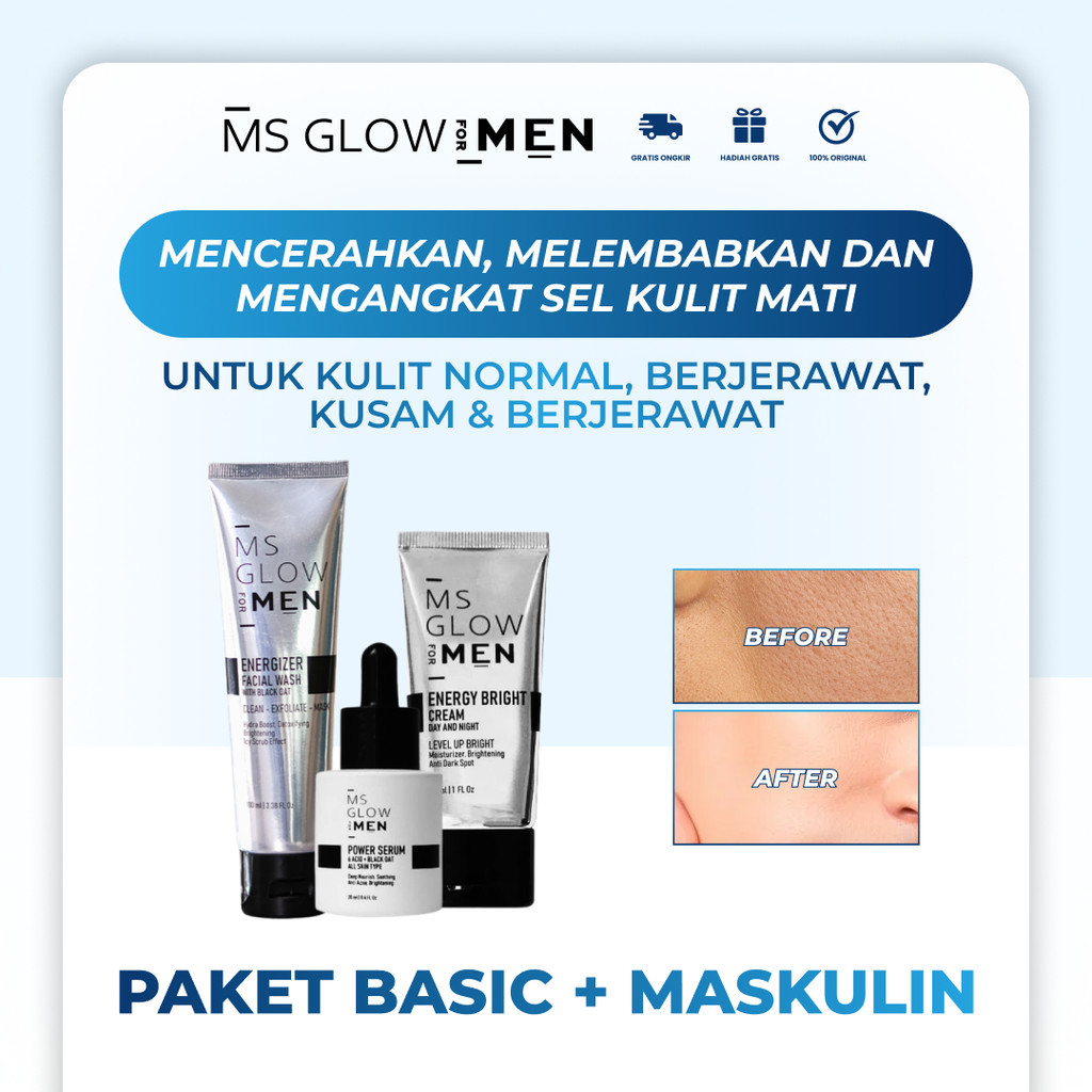 Paket Skincare Pria Untuk Wajah Kusam MS Glow For Men Basic 3in1 Facial Wash Serum dan Bright Cream 