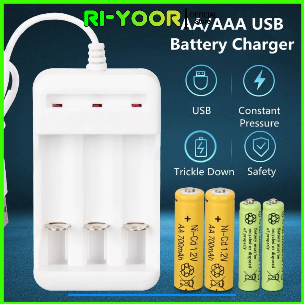 alat cas baterai 3 slot kabel USB charger baterai AA AAA A2 A3 - alat cas baterai 3 slot