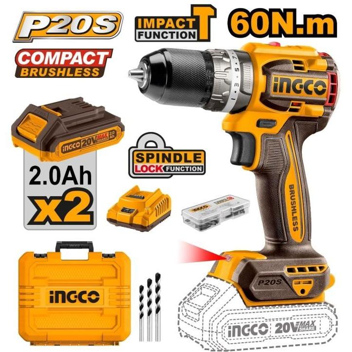 Ingco CIDLI20602 Bor Tembok Cordless 20V 13mm Brushless Impact Drill