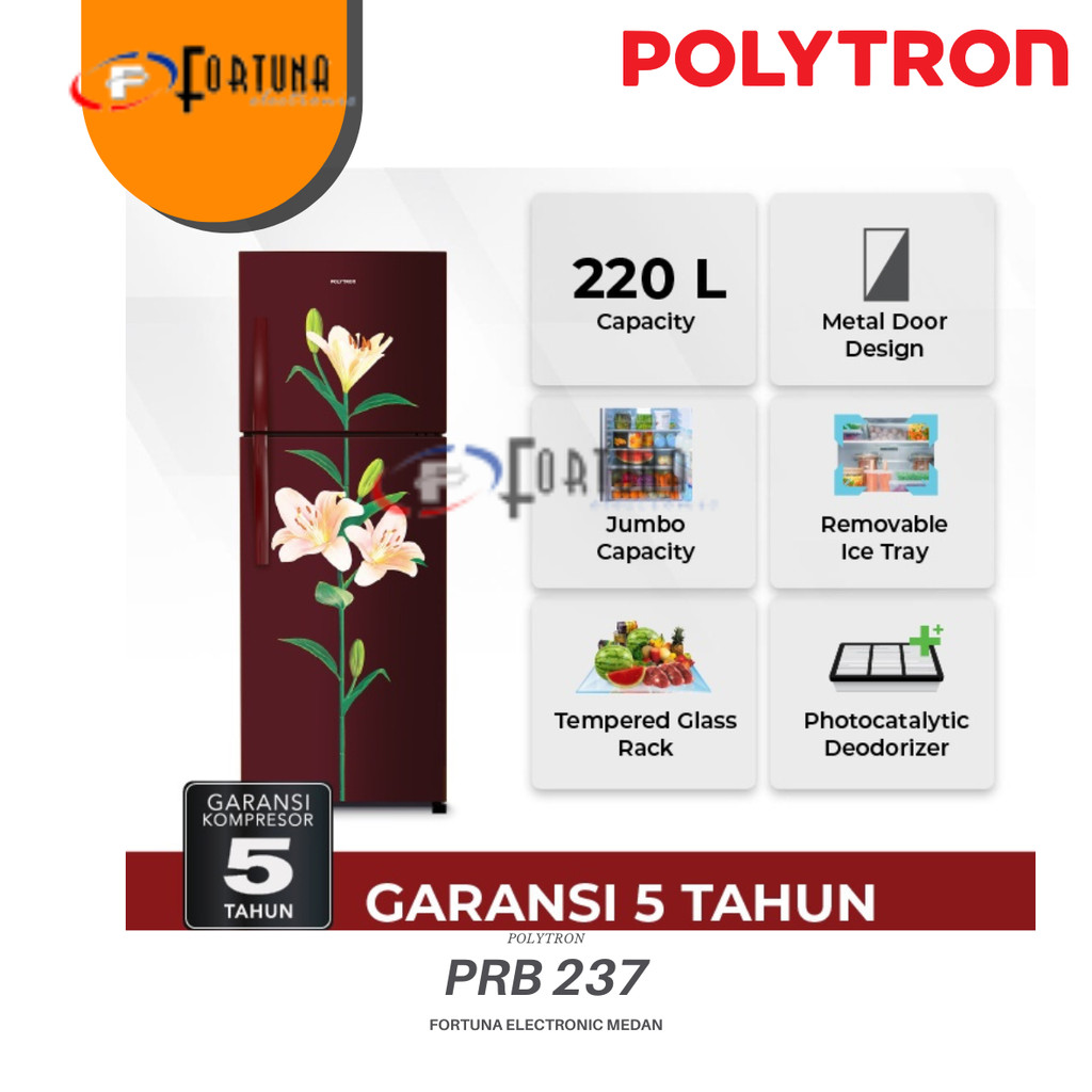 POLYTRON KULKAS 2 PINTU METALLIC 220 LITER PRB 237 PR || MEDAN FREE ONGKIR