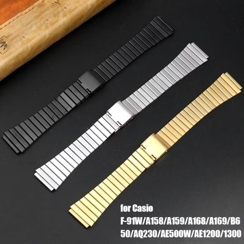 Strap Tali Jam Tangan Casio F-91W AQ-230 A-158 Bracelet Rantai Casio Steinless Steel With Emboss 18m