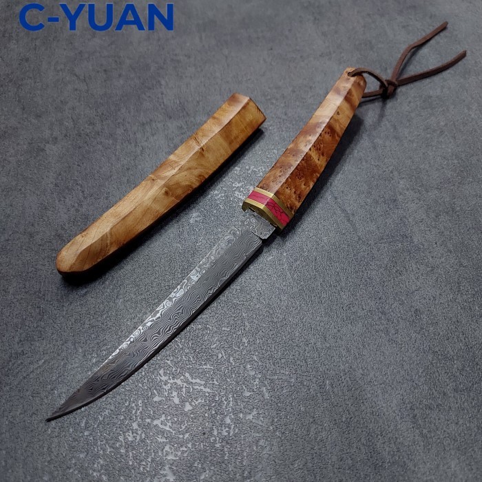 Pisau Tanto Damascus Small Fixed Blade Outdoor EDC Survival Knife Tajam Kuat