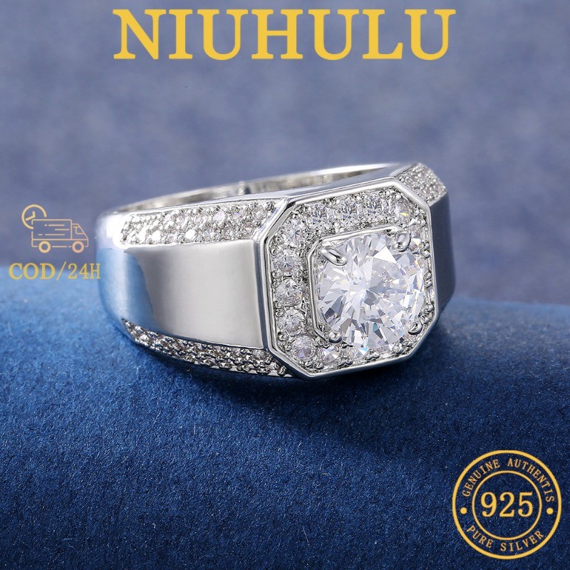 Cincin Kawin Pria 1 Karat Zirkonium Berkilau Grade 5A Emas Putih 18K