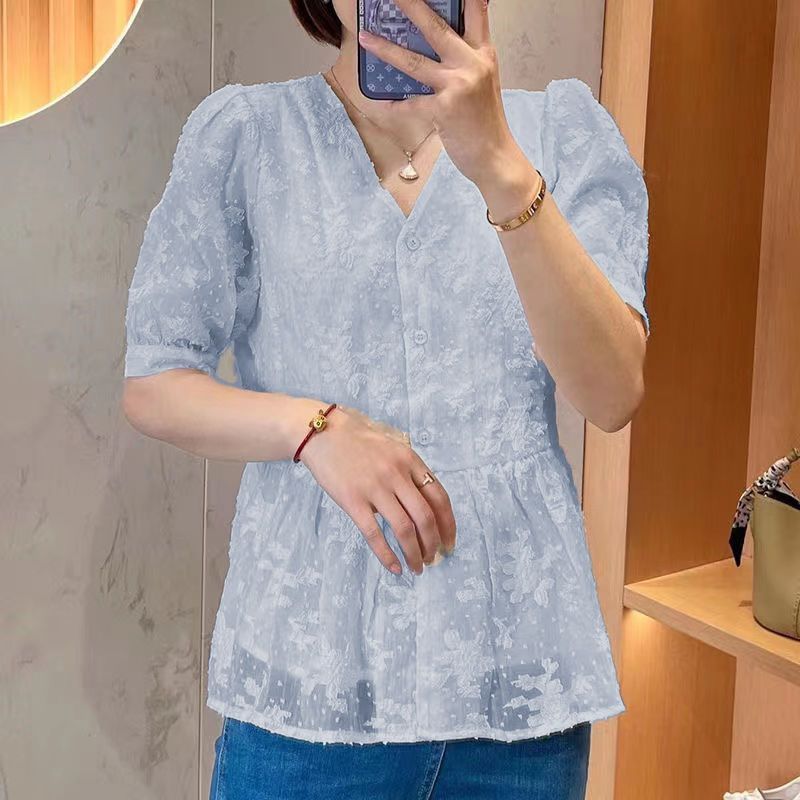 EMITA BLOOM new baju atasan biru muda wanita kemeja blouse wanita lengan pendek terbaru 2026 kaos cr